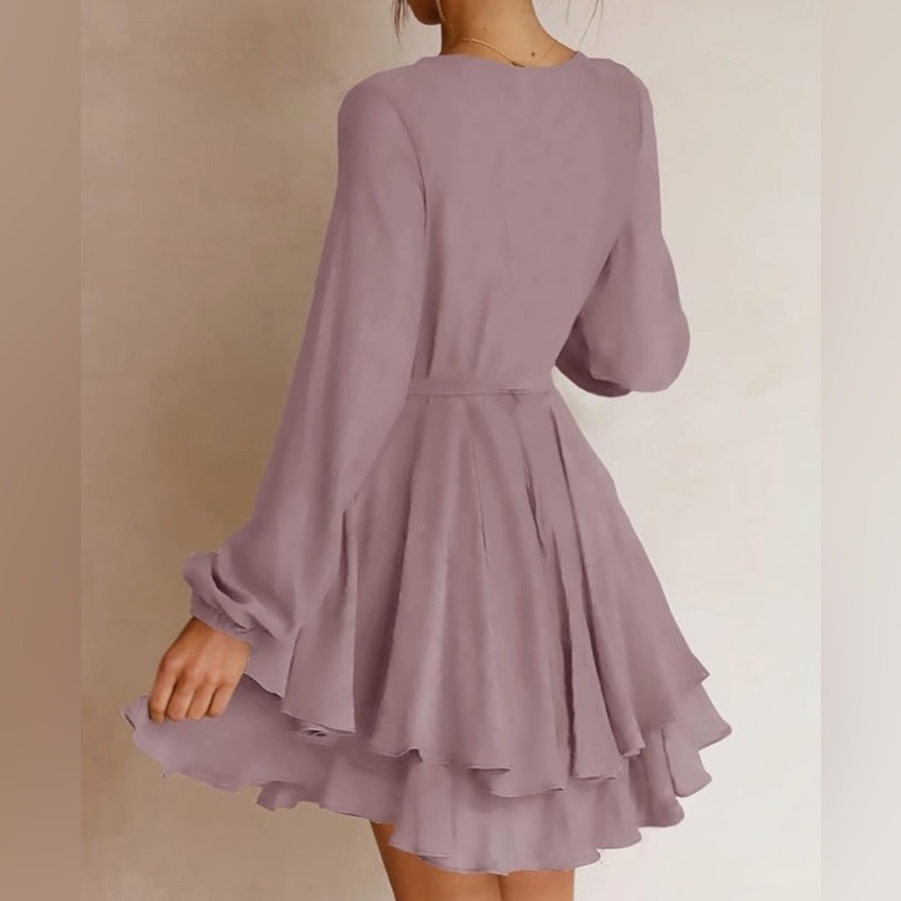 Ferlema Women's Sexy V Neck Ruffle Long Sleeve Tie Waist Swing Mini Wrap Dress - Picture 2 of 5